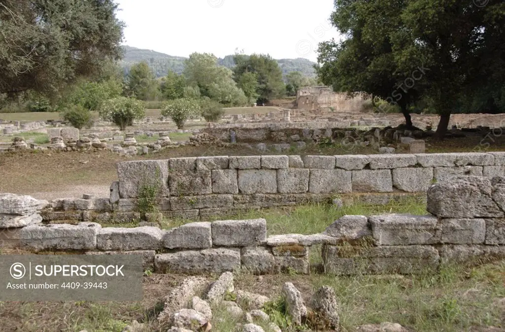 Greece, Olympia. The Leonidaion. Lodging place for athletes taking part in Olympic games. Southwest of the sanctuary, ca. 330 BC. Designed by Leonidas of Naxos. Ruins. Peloponnese.