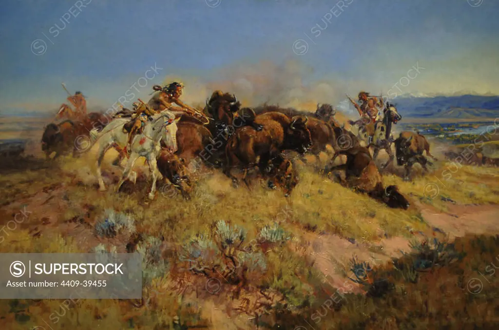 ARTE SIGLO XX. ESTADOS UNIDOS. CHARLES MARION RUSSELL (1864-1926). Pintor estadounidense. "CAZA DEL BUFALO NUMERO 40" (hacia 1919). Museo de Arte de DENVER. Estado de Colorado.