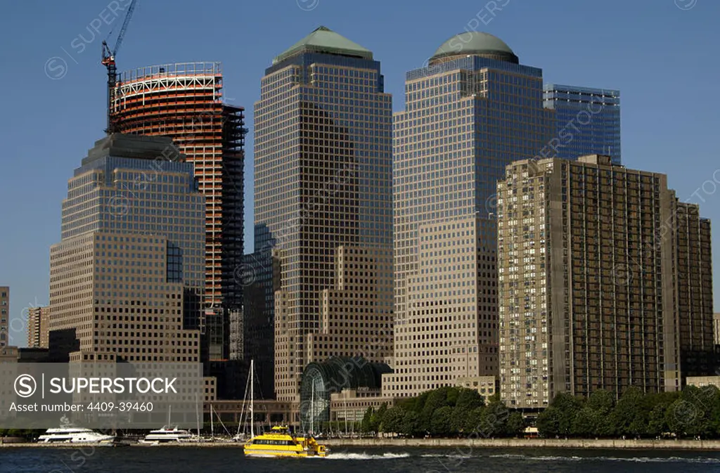 United States. New York. Financial district. Skyline from the ferry to Jersey City.