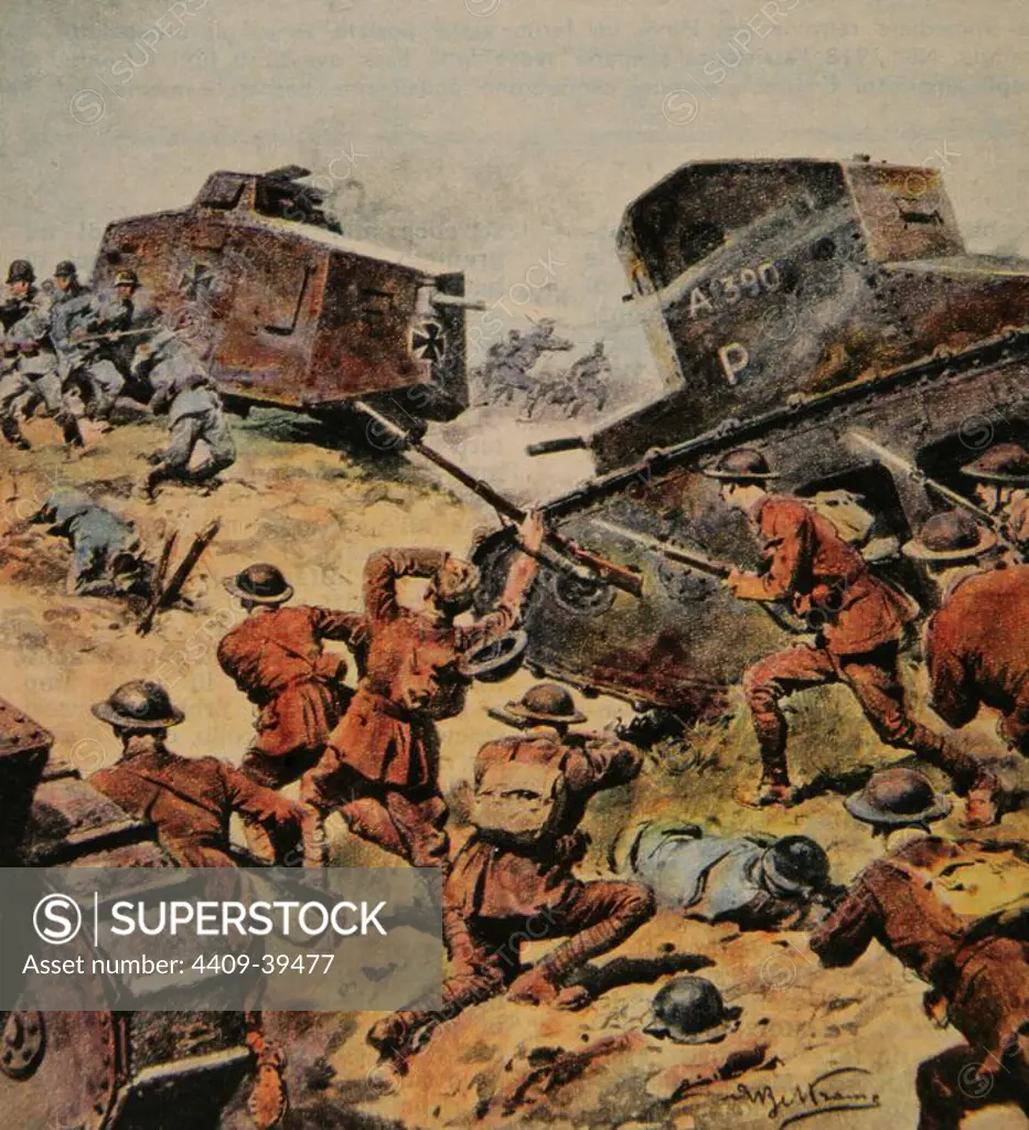 World War I (1914-1918). Battle between Allied and German tanks in May 1918. Colored Drawing in "La Domenica del Corriere" (1918).