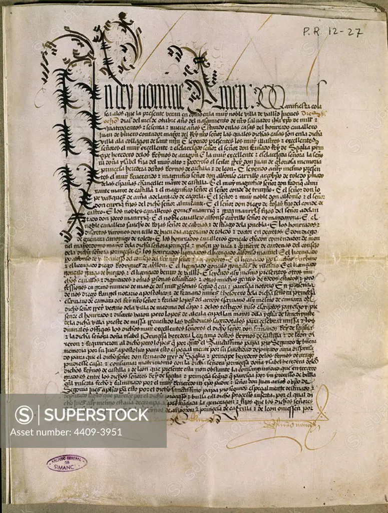 Marraige of the Catholic Kings. 1469. Page 2 of the contract. Simancas archives. Valladolid. Location: ARCHIVO-COLECCION. Simancas. Valladolid. SPAIN.