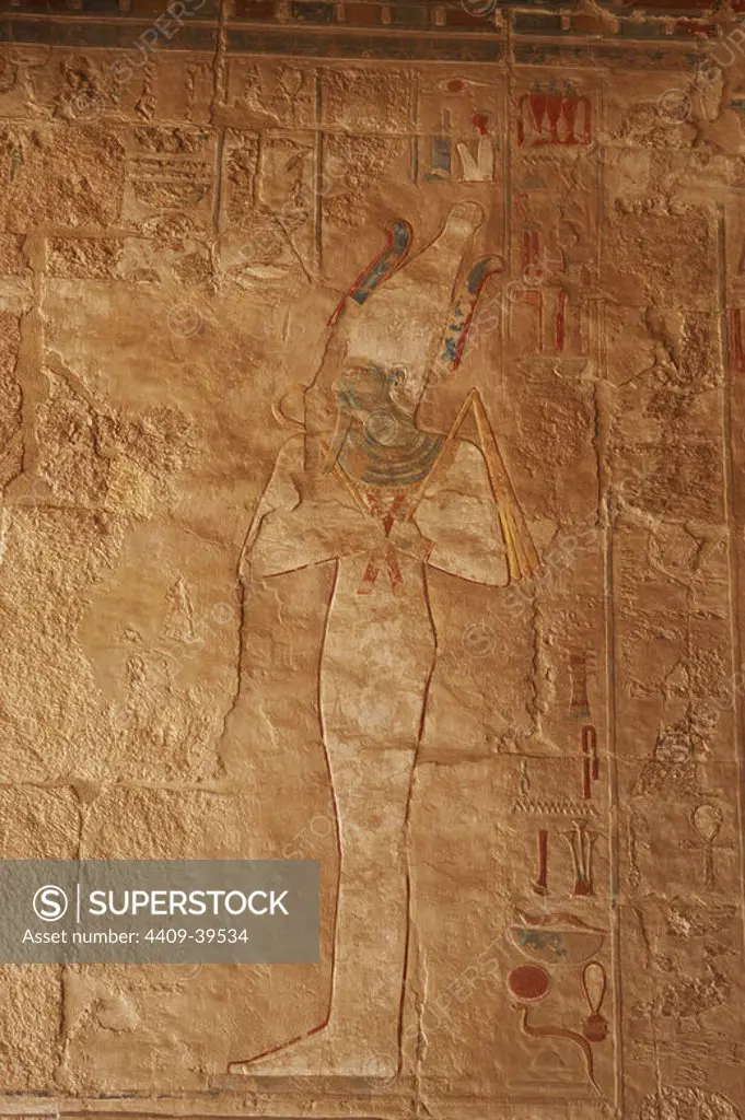 Polychrome relief of Osiris, god of Alterlife. Temple of Hatshepsut. New Kingdom. Eighteenth Dynasty. Egypt.
