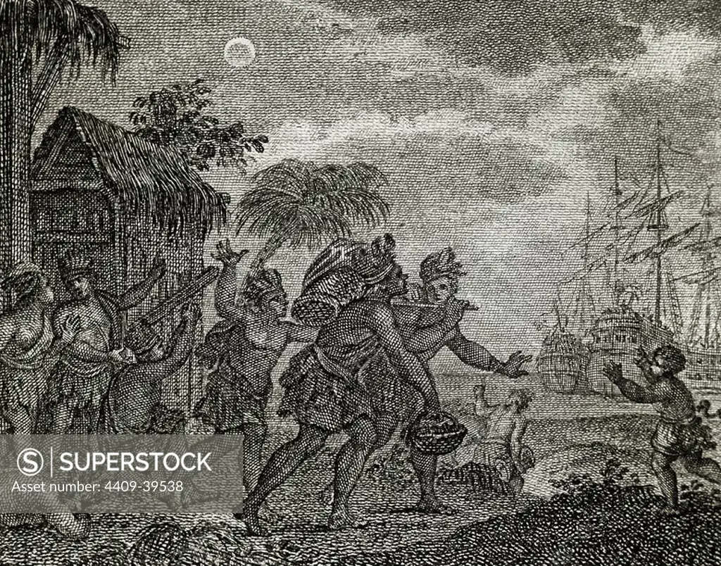 Jamaica. 15th century. Second Voyage of Columbus. Jamaicans refuse to give food to Columbus and he, knowing that there will be a lunar eclipse, tells them that God will deny the light. When the eclipse took place, fearful natives, provide abundant provisions to Columbus. The Truthful History of Conquest of New Spain by Bernal Diaz del Castillo. Engraving, 1807.