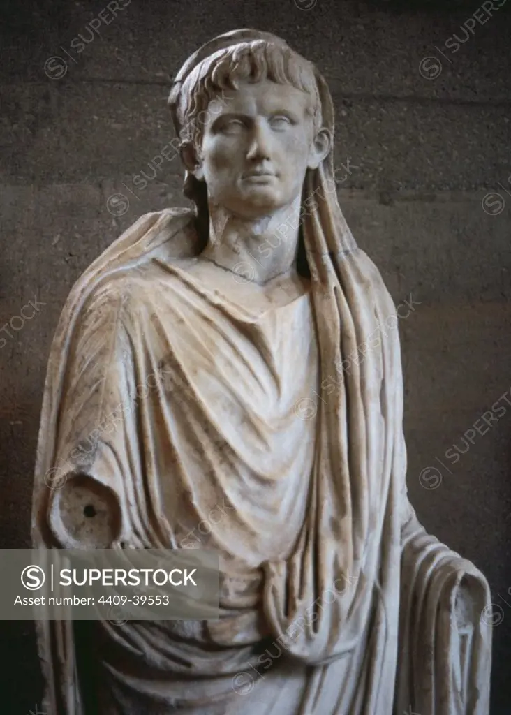 Augustus (Imperator Caesar Divi F. Augustus). (63 BC-14 AD). Founder of the Roman Empire and its first Emperor. Statue as Pontifex Maximus. Archaeological Museum of Corinth. Greece.