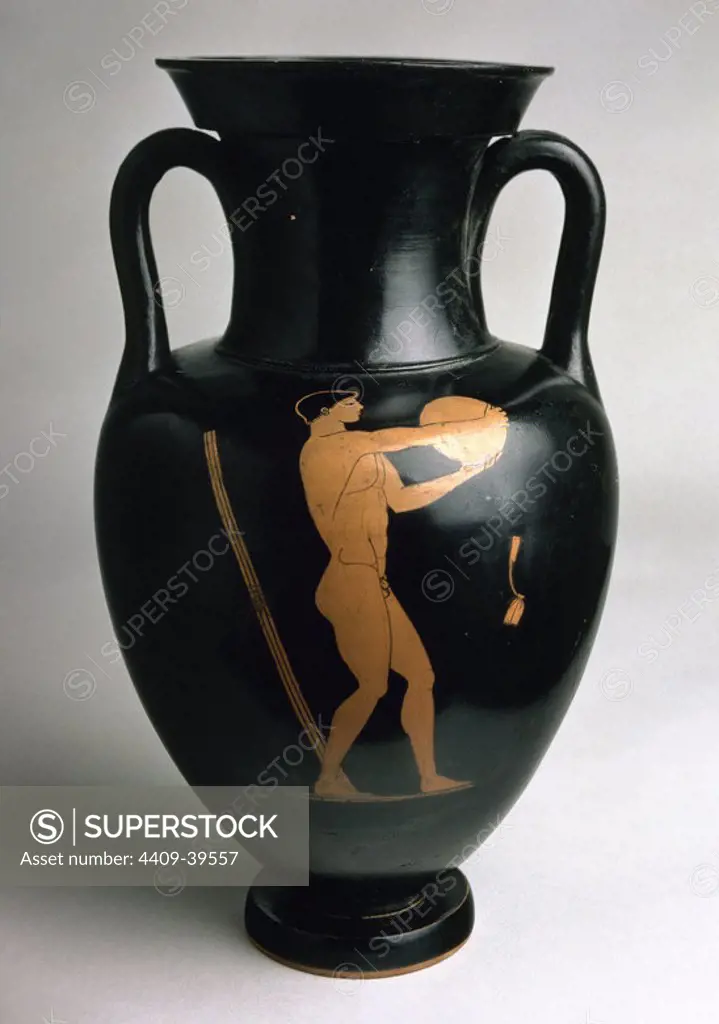 Greek art. Krater. Attic style. Disco_bolo athlete representation in funeral games. 530 BC. Archaeological Museum. Madrid.