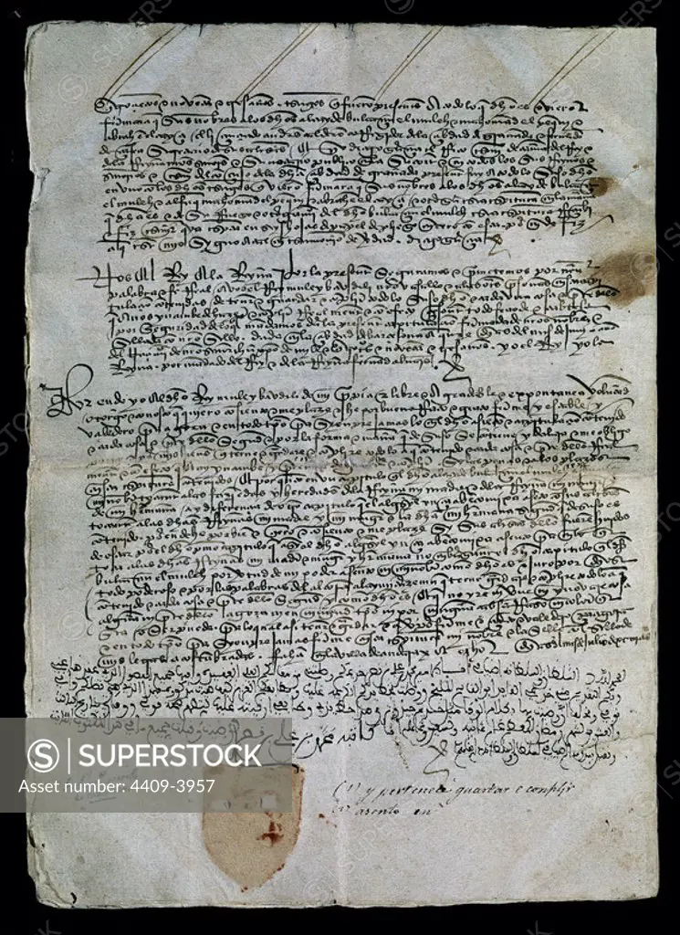 ACTA DE LAS CAPITULACIONES DE BOABDIL PARA ABANDONAR ESPAÑA - 1493. Location: ARCHIVO-COLECCION. Simancas. Valladolid. SPAIN.