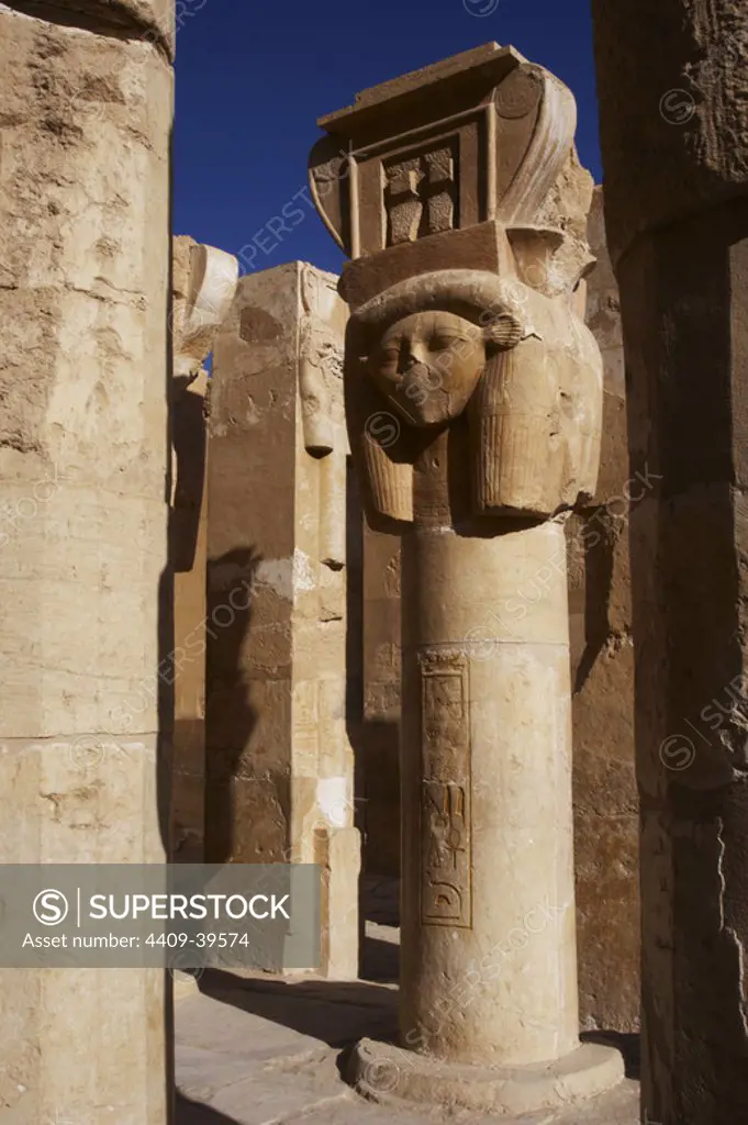 Hathor column pillars belonging to the Chapel of Hathor. Temple of Hatshepsut. Temple of Deir el-Bahari. Eighteenth Dynasty. New Kingdom.
