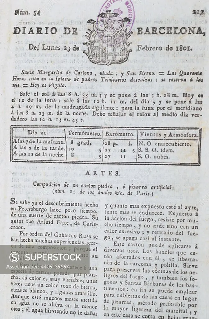 "DIARIO DE BARCELONA". Ejemplar del 23 de febrero de 1801.