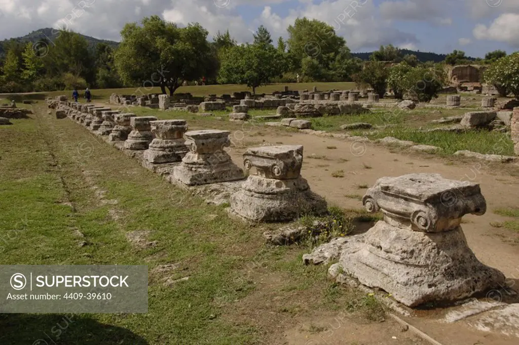 Greek Art. The Leonidaion. Lodging place for athletes taking part in the Olympic Games at Olympia. It was constructed around 330 BCE and was funded and designed by Leonidas of Naxos. Ionic capitals. Olympia. Greece.