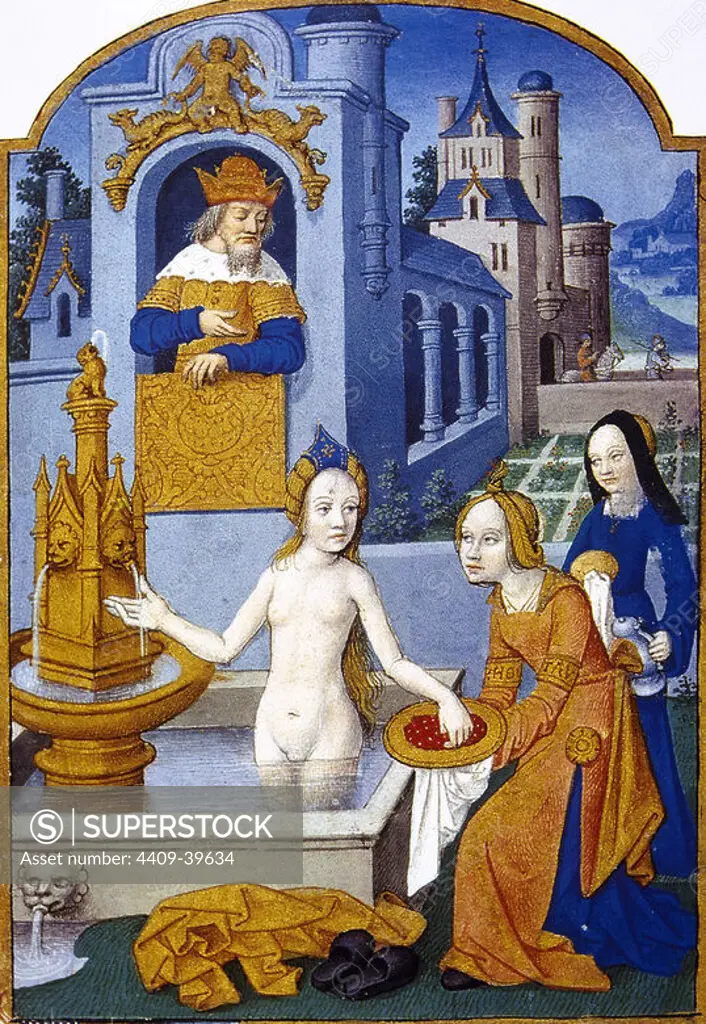 Old Testament. Bathsheba bathing, watched by King David. Miniature. Book of hours. 15th century. Chantilly castle. France.