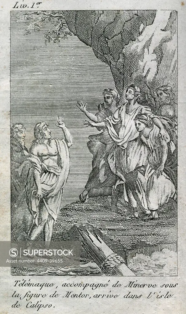 Francois Fenelon (1651-1715). French archbishop, theologian and writer. The Adventures of Telemachus, 1699. Engraving depicting Telemachus with MInerva arrives on the island of Calypso. Book One. Prince Edition. Episcopal Library of Barcelona. Spain.