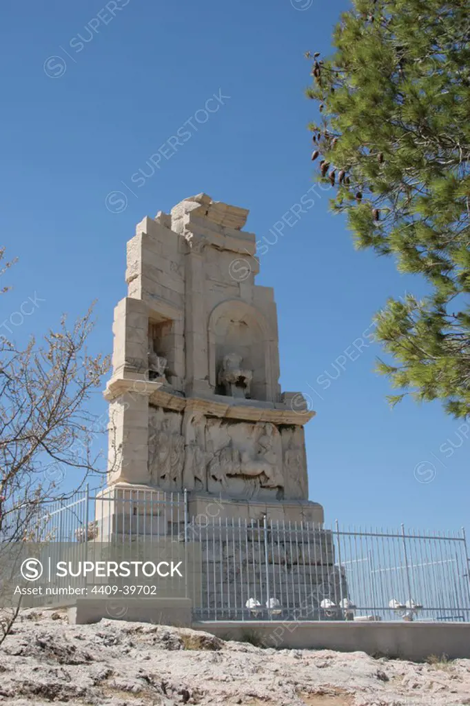 Roman Art. The Philopappus Monument. Tomb of Caius Julius Antiochus Philopappos, a member of the royal family of Commaene (Syria). Was built between 114 and 116 A.D. Philopappos Hill. Athens. Central Greece. Attica. Europe.