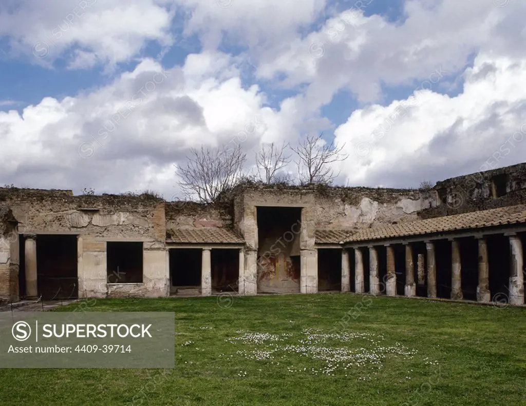 Pompeii. Ancient roman city. The palaestra colonnade of the Stabian Baths. Campania. Italy.