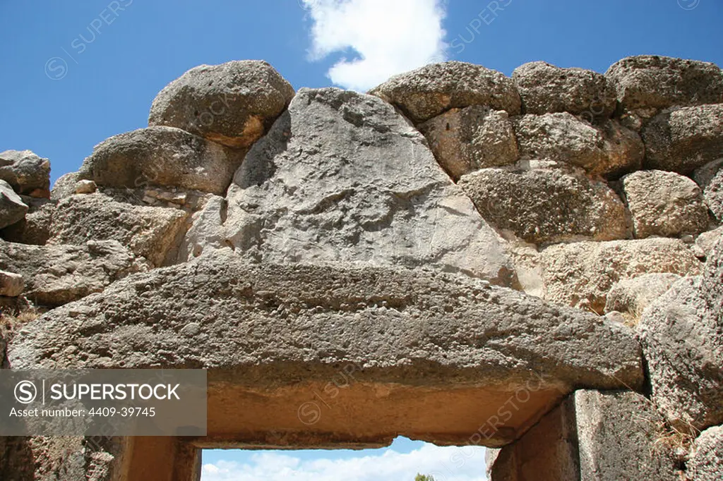 Mycenaean Art. The Lion Gate of Mycenes fortress. View behing the gate. Argos. Peloponnese. Greece. Europe.