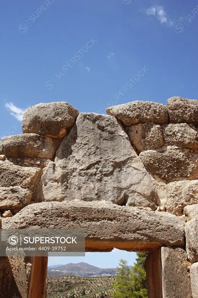 Mycenaean Art. The Lion Gate of Mycenes fortress. View behing the gate. Argos. Peloponnese. Greece. Europe.
