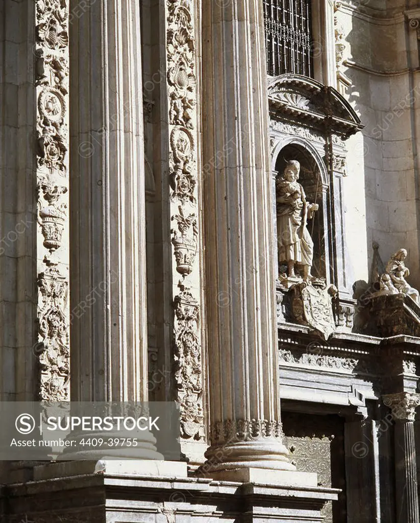 Spain. Murcia. Cathedral Church of Saint Mary. Main facade by Jaime Bort. 18th century. Baroque. Detail of corinthians columns and Saint Joseph door.