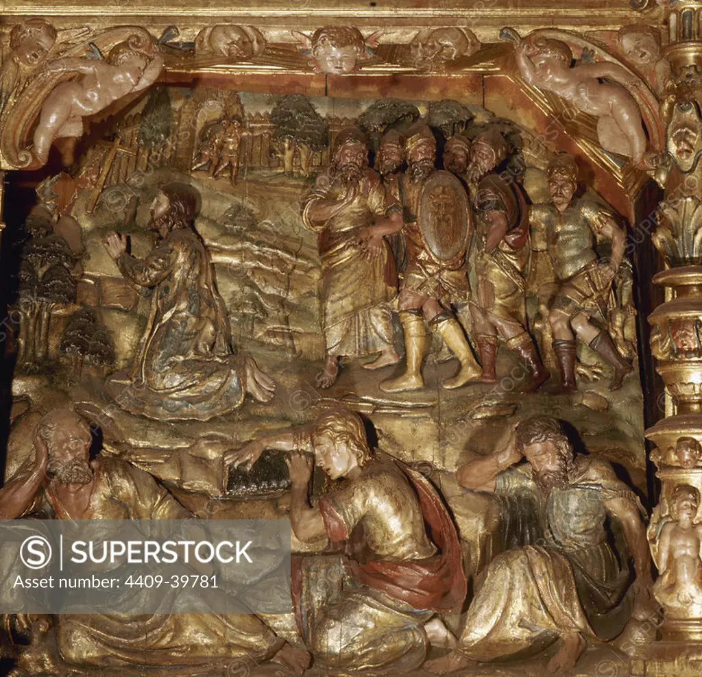 Altarpiece of the church of Saint Mary, dated in 1574. Plateresque style. Detail. Relief depicting Jesus praying in the Garden of Olives, along with his disciples asleep. Alarcon. Province of Cuenca. Castile-La Mancha. Spain.