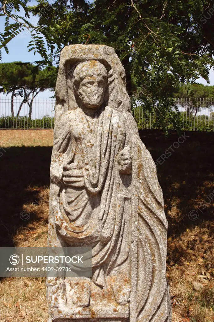 Sculpture. Lawyer. Remains of a roman sarcophagus. Ostia Antica. Italy.