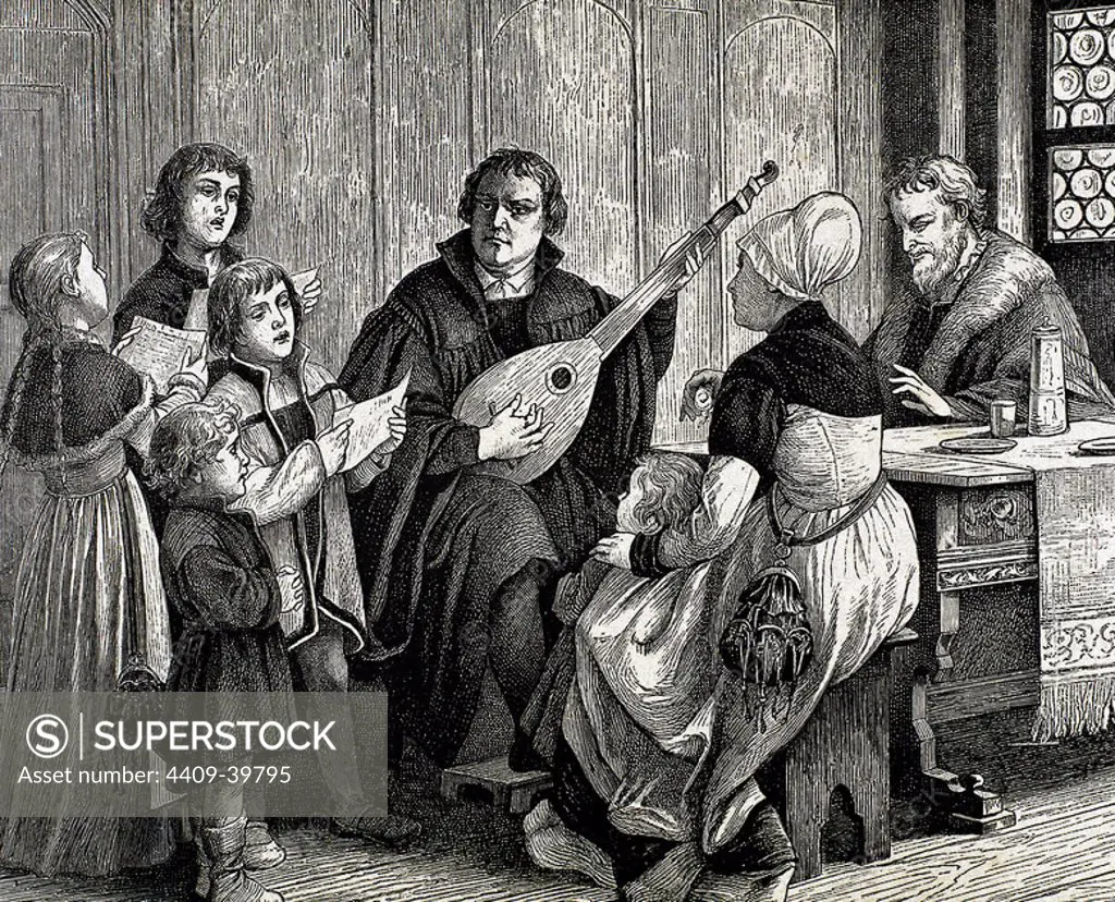 Martin Luther, (Eisleben, 1483, Eisleben, 1546). German reformer. Doctor of Theology and Augustinian priest. In 1517, outlined the main thesis of Lutheranism in Wittenberg. He was excommunicated in 1520. Luther played the lute at the home of Ursula Cotta. Engraving by A. Closs.