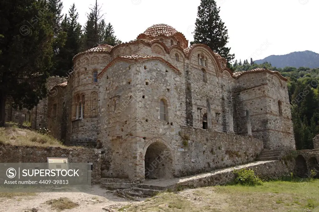 Greece. Mystras. Holy Monastery of Vrontochion. Church of the Panayia Hodegetria, also known as Aphentiko. Founded in 1310. View.