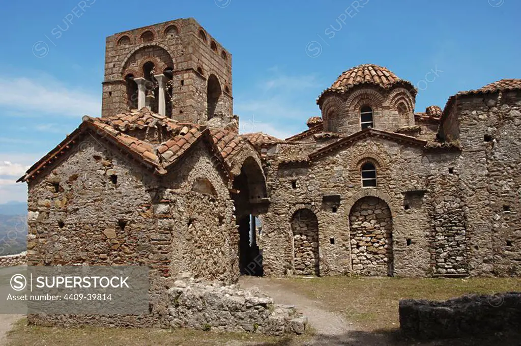 BYZANTINE ART. Sancta Sophia church (HAGIA SOPHIA). Built by Manuel Kantakouzenos or Cantacuzenus Palaiologos, first despot of Mistras . Was always the palace's chapel and has been identified with the monastery of Christ Zoodotes, erected by Manuel between 1350 and 1365. Outside view. MISTRA. Province of Lakonia. Peloponnese.