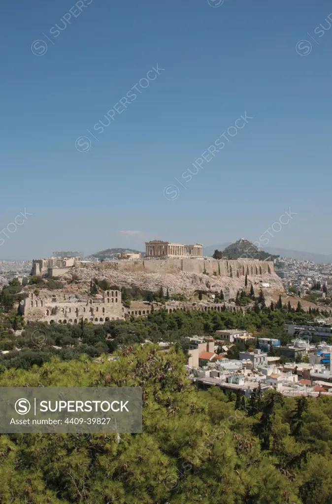 Athens. Panoramic view of the Acropolis and Lycabettos Hill from Philapoppos Hill. Attica. Central Greece.