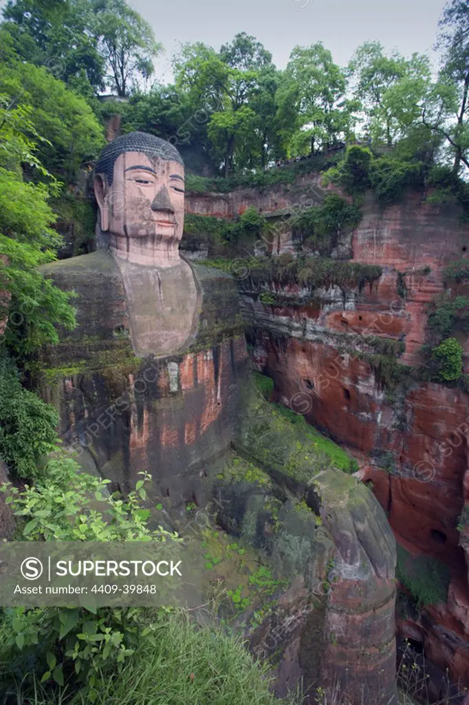 Leshan Giant Buddha (713-803). Carved into a cliff of Mount Lingyun. Depicts seated Maitreya Buddha. Sichuan Province. China.