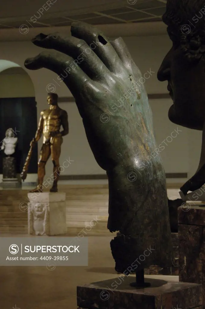 Constantine the Great (Flavius Valerius Aurelius Constantinus Augustus) (272-337). Roman Emperor from 306-337. Know for being the first roman emperor to convert to christianity. Constantine's colossal left hand. Bronze. Capitoline Museums. Rome. Italy.
