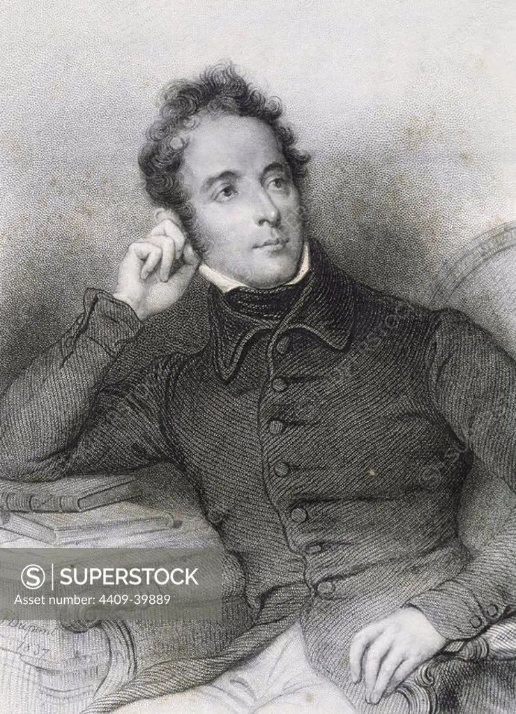 Lamartine, Alphonse de (1790-1869). French romantic writer and politician. Engraving, 1850.