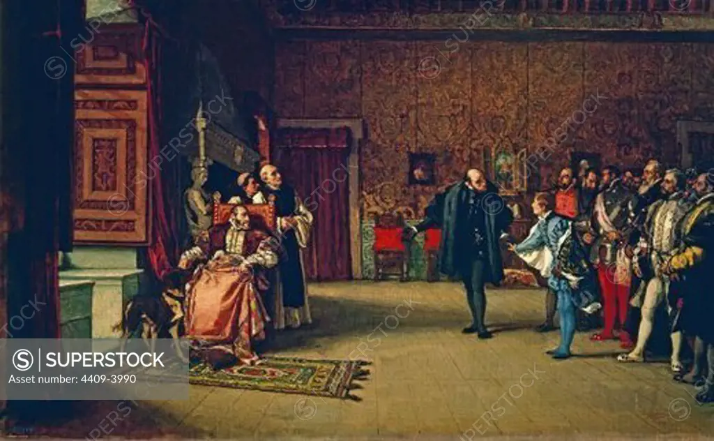 Presentation of John of Austria to Charles V in c. 1558. 1869. Canvas (76 x 123). Spanish eclectism. Madrid, Cason del Buen Retiro. Author: ROSALES, EDUARDO. Location: CASON DEL BUEN RETIRO-PINTURA, MADRID, SPAIN.