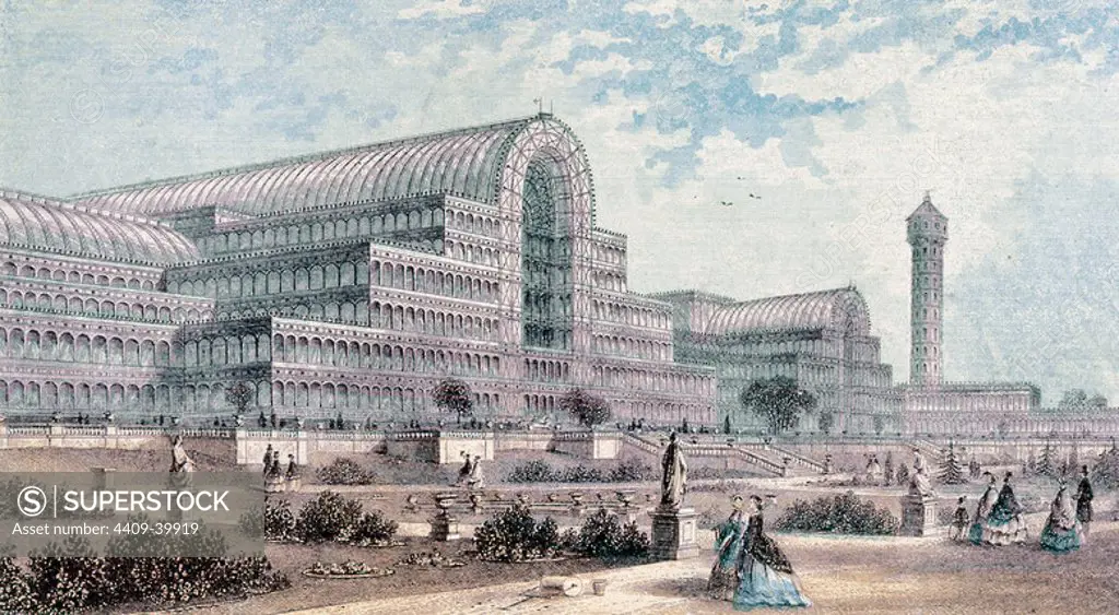 The Crystal Palace. Cast-iron and plate-glass building originally erected in Hyde Park, London for Great Exhibition of 1851. Designed by Sir Joseph Paxton (1803-1865). Victoria and Albert Museum. England.