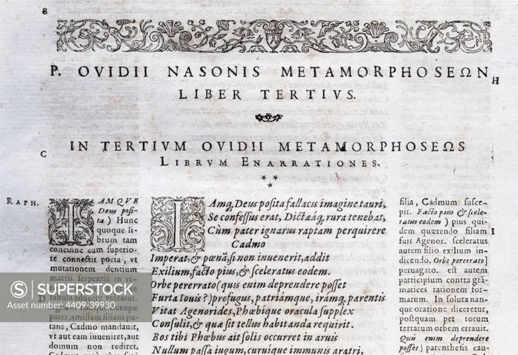 Publius Ovidius Naso ( 43 BC Ð AD 17/18), known as Ovid in the English. Roman poet. The Metamorphoses. Latin narrative poem. Book II. Cadmus. Edited in Frankfurt, 1601.