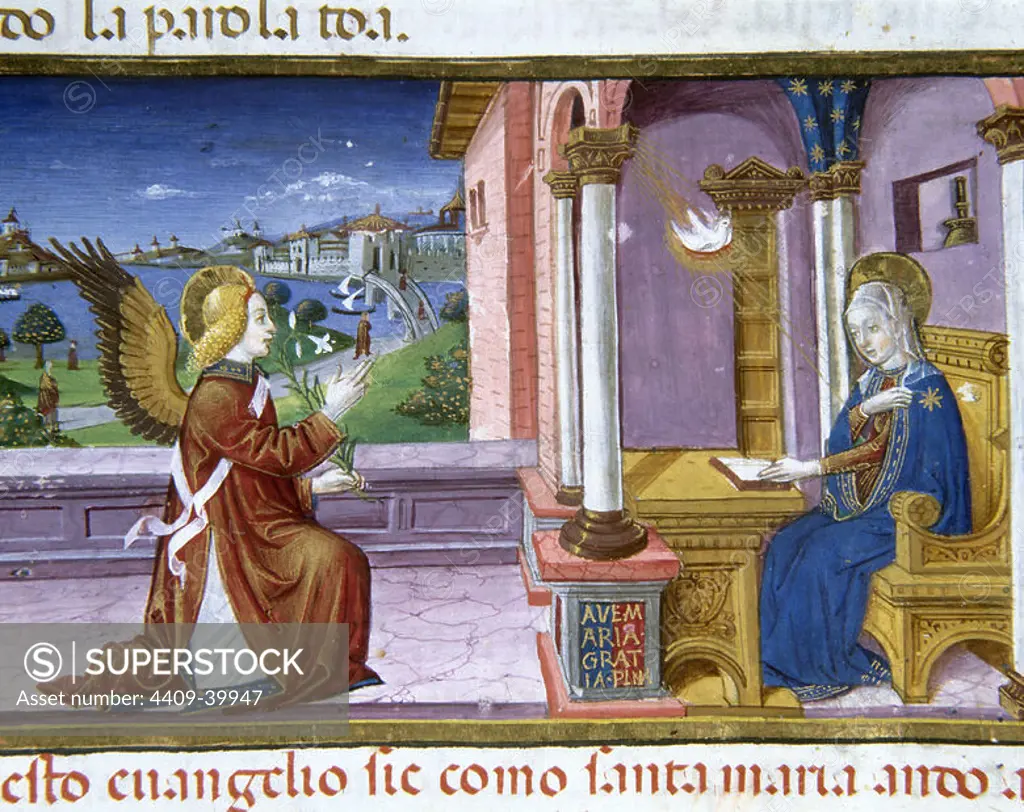 Annunciation of the Archangel Gabriel to Mary. Codex of Predis (1476). Royal Library. Turin. Italy.