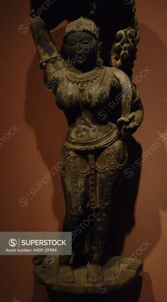 ARTE INDIO. INDIA. MUJER CELESTIAL BAJO UN ARBOL DE MANGO. Fechada entre el 1000 y el 1050. Realizada en piedra arenisca. Procede del Templo de Ghatesvara (Baroli, Rajastán). Museo de Arte de Denver. Estado de Colorado. Estados Unidos.