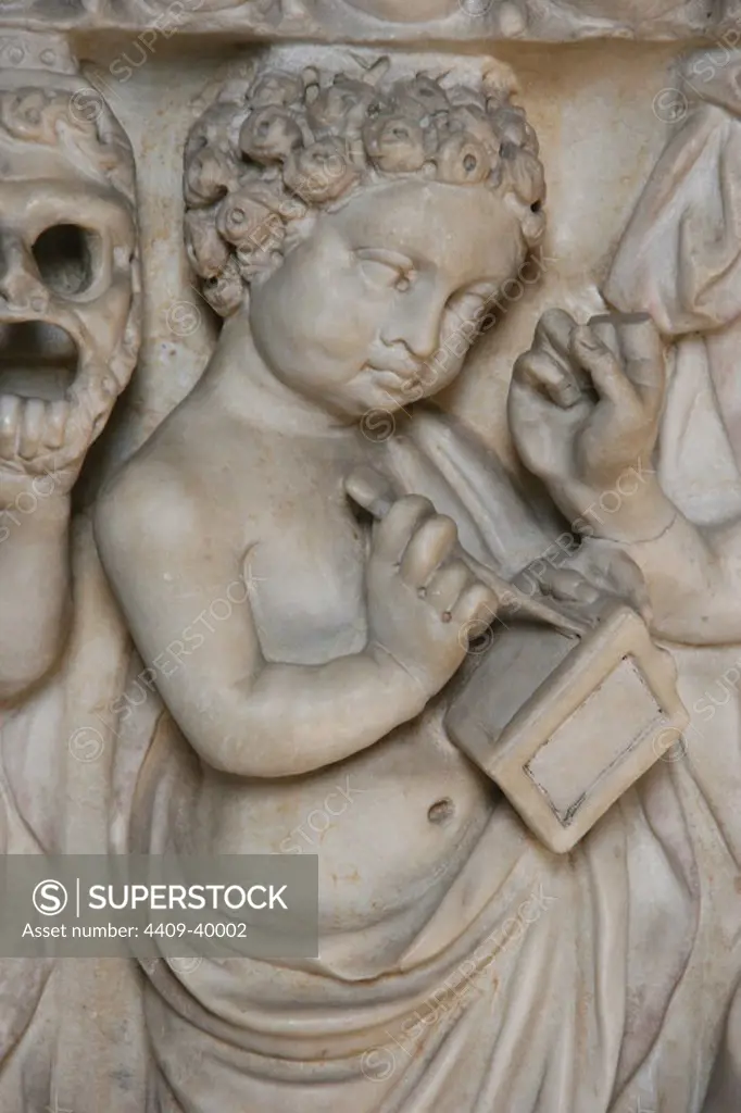 Roman Art. Relief of sarcophagus. Child writing on wax tablet with a Styli. Vatican Museum. City of the Vatican.