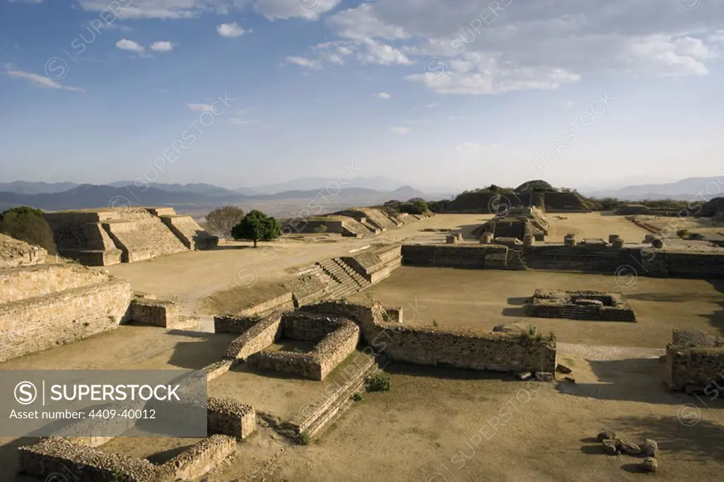 Mexico. Archaeological Site of Monte Alban. North Platform. Main Square and Sunken Courtyard. Oaxaca State.