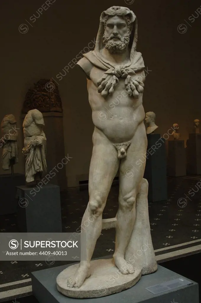 Roman Art. Marble statue of a bearded Hercules covered with lion's skin. Early Imperial, Flavian. (68-98). Restored in the seventeenth century. Metropolitan Museum of Art. New York. United States.