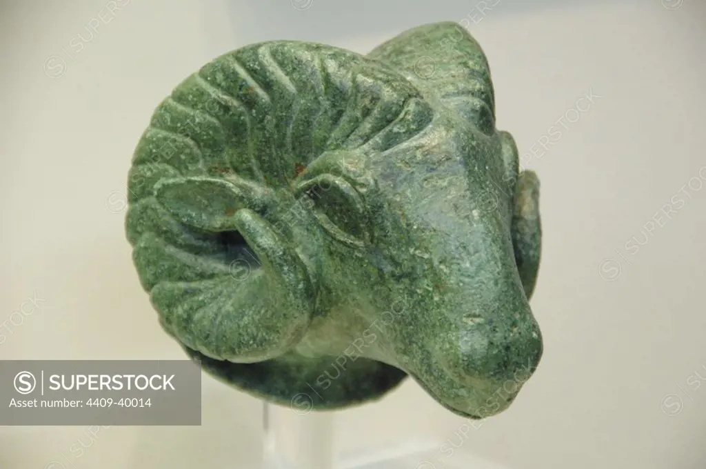 Ram's head from the early 6th century B.C .Olympia Archaeological Museum. Ilia Province. Peloponnese region. Greece.