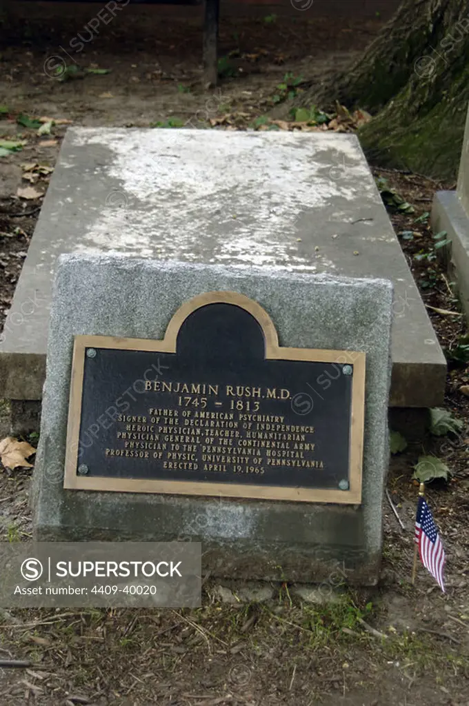 USA. Pennsylvania. Philadelphia. Christ burial Ground. Tomb of Benjamin Rush (1745-1813), one of the Founding Father of the United States.