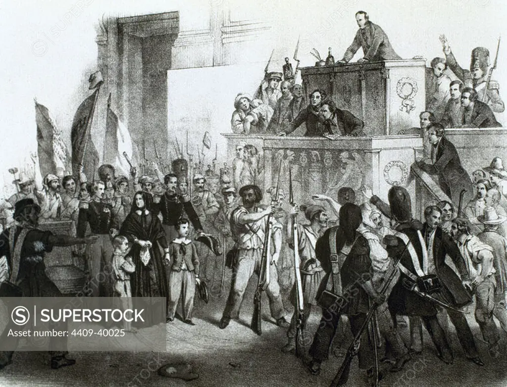 France. Liberal Revolution, 1848. Popular uprising to force the abdication of King Louis Philippe of Orleans and proclaim the Second Republic (Days 22 to 24 February). National Assembly invaded by the people, February 24, 1848. Engraving of the time.