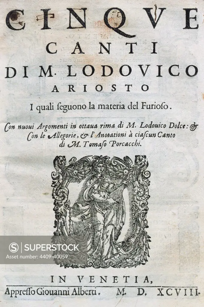 Ludovico Ariosto (1474-1533). Italian poet. Five Chants. Title cover. Venice, 1598.