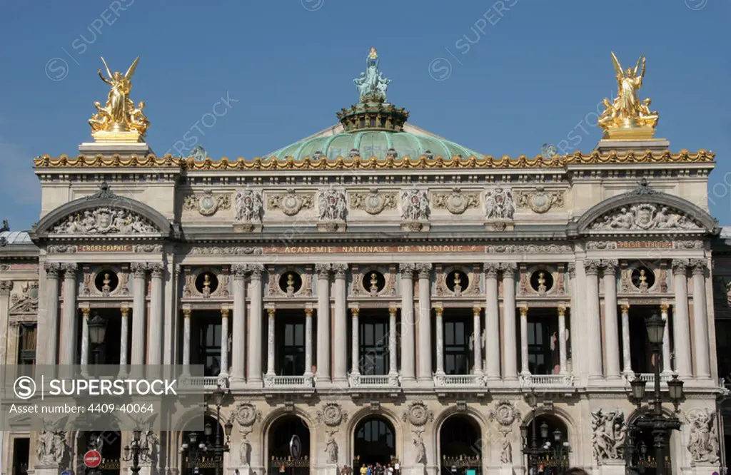 Palais Garnier or Opera Garnier (Theater Opera). Designed by Charles Garnier in the Neo-Barroque style. Starded 1862, inagured 1875. Paris. France. Europe.