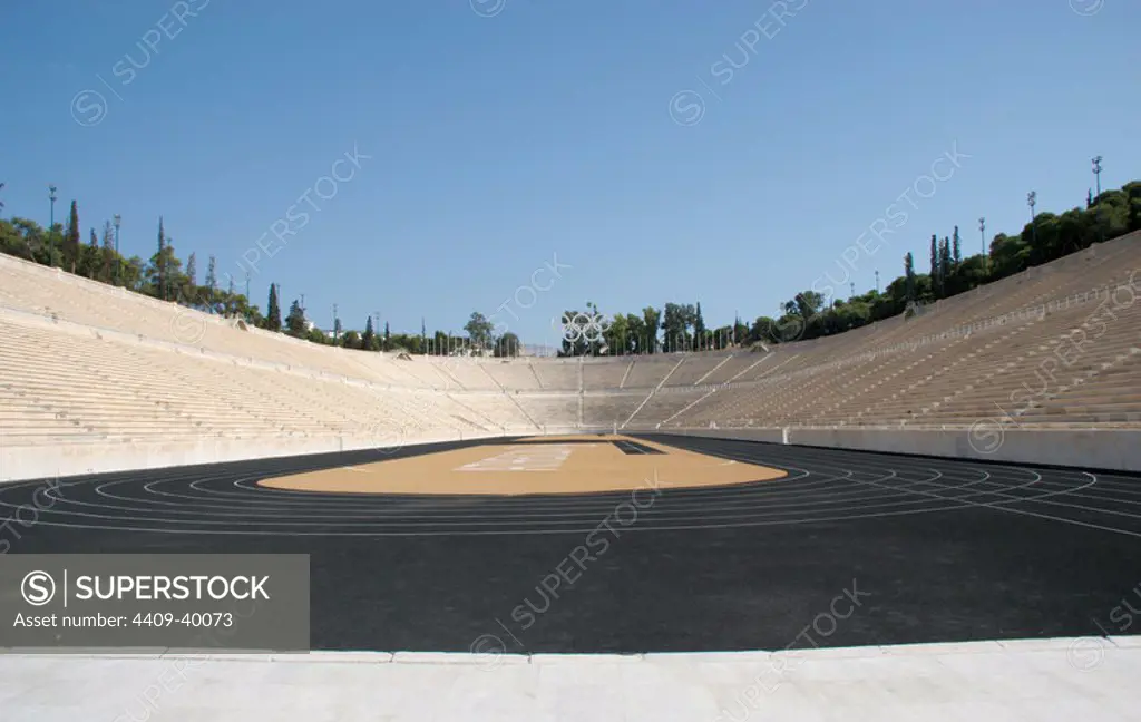The Panathinaiko or Panathenaic Stadium (Kallimarmaron). During Classical times the stadium had wooden seating. I was uset to host the athletic portion of the Panathenaic Games. Was Built in 330 BC by Lykourgos, and it was restored in its present form betwenn 1896 and 1906. Athens. Central Greece. Attica. Eruope.