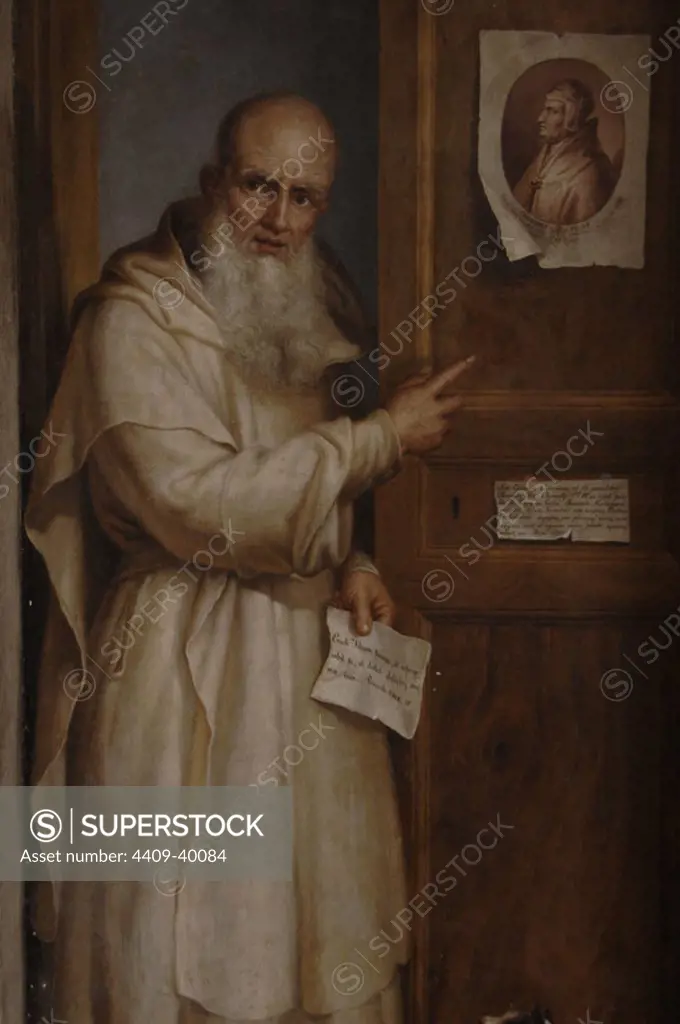 Wood oil painting of Carthusian monk (1855) by Filipo Balbi (1806-1890) in cloister of Santa Maria degli Angeli. National Museum (Baths of Diocletian). Rome. Italy.