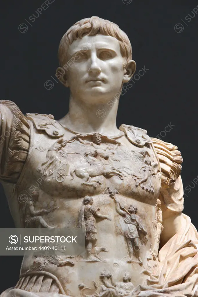 Augustus (61 BC-14 AD). First roman emperor. Marble statue of Augustus of Prima Porta. (1st century) in the role of commander of the army. Vatican Museums. Vatican City State.