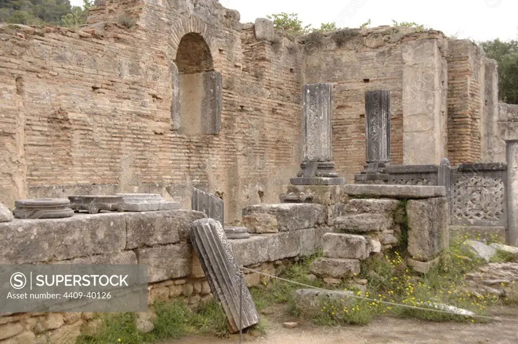 Greek Art. Phidias Workshop ruins, built in 430 BC to house the statue of Zeus. In the fifth century, Theodosius II turned the building into an early Christian church. Olympia. Greece.