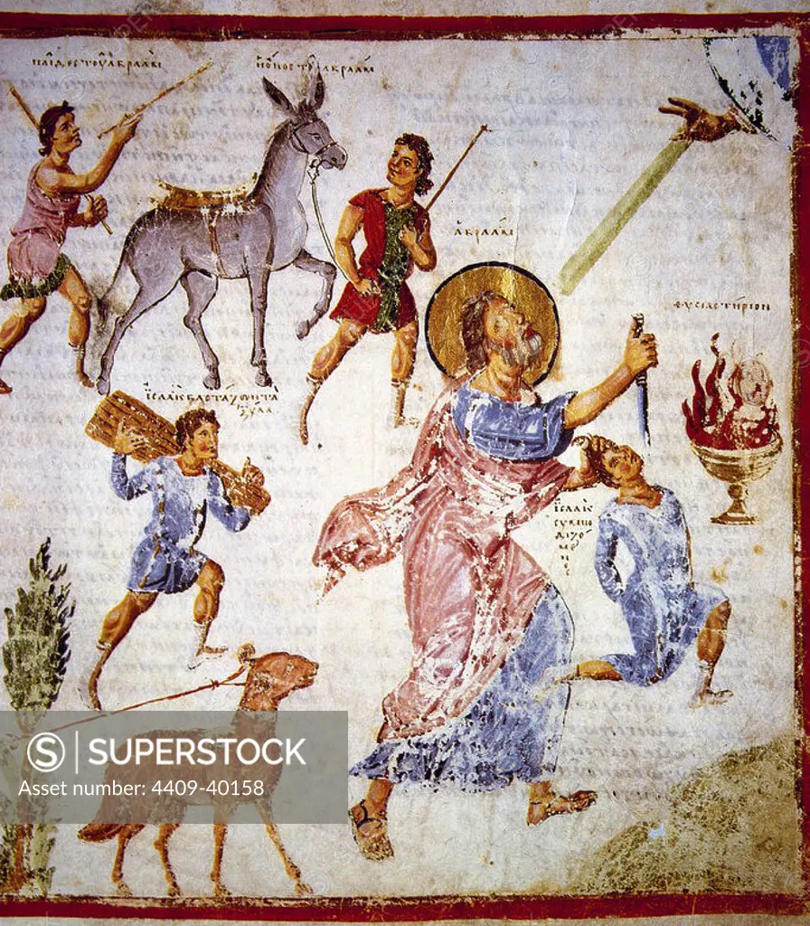 The Sacrifice of Isaac. Miniature of Christian Topography Constantinople by a Greek merchant named Cosmas Indicopleustes, 6th century. Folio. 59r. The Vatican Apostolic Library.