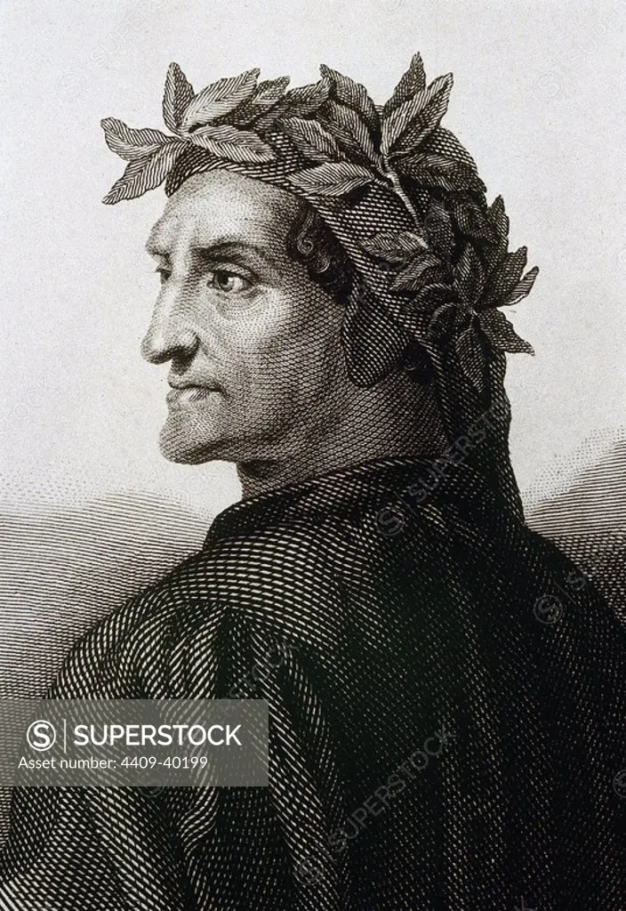 DANTE ALIGHIERI (Florencia,1265-Rávena,1321). Poeta italiano creador de "La divina Comedia" entre 1307 y 1321, poema escrito en toscano. Grabado.