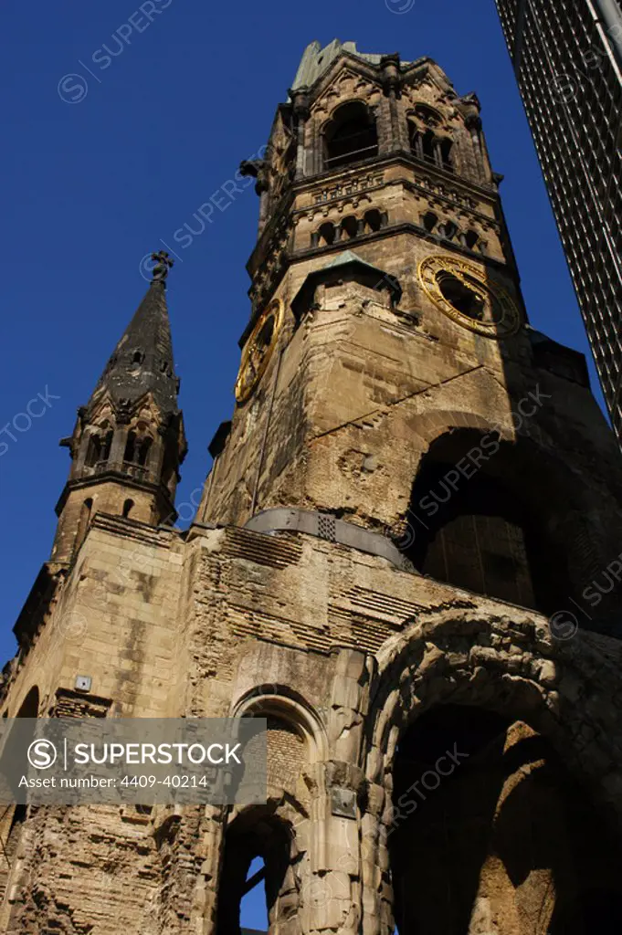 Germany. Berlin. Kaiser Wilhelm Memorial Church. 1891-1895. Built by Franz Heinrich Schwechten (1841-1924). Bombed during World War II, retains the ruined tower surrounded by buildings erected between 1951 and 1961.