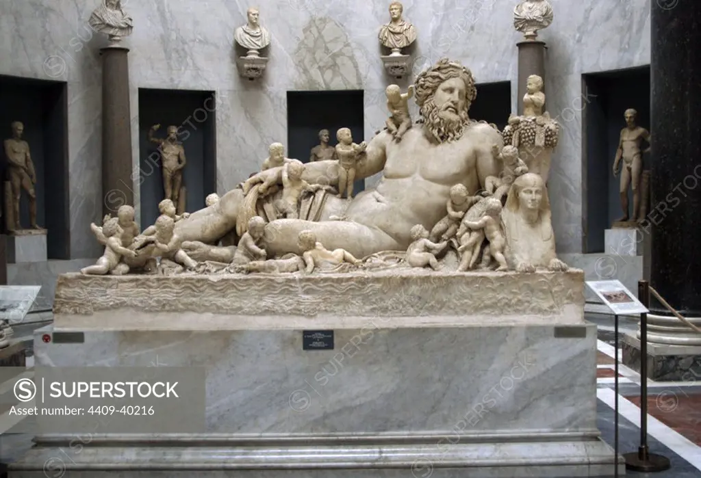 Roman Art. Italy. Reclined statue of the river-god Nile. Anonymous. 1st century A.C. Marble. Copy from an Hellenistic original. It comes from the Temple of Isis and Serapis near Santa Maria Sopra Minerva. Braccio Nuovo. Chiaramonti Museum. Vatican Museums. Vatican City.
